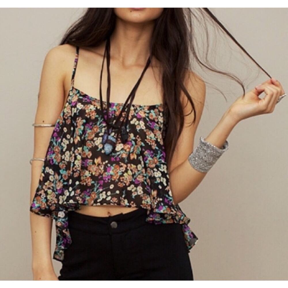 FOR LOVE & LEMONS Tour Bus Cropped Tank Size Small Cream Floral Sheer Chiffon - Picture 2 of 11